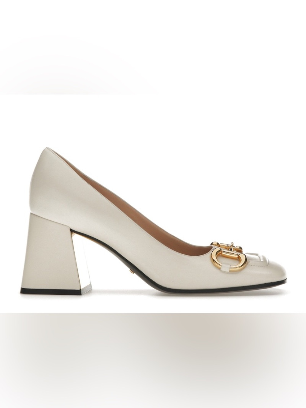 White Leather Horsebit Block Heel Pumps